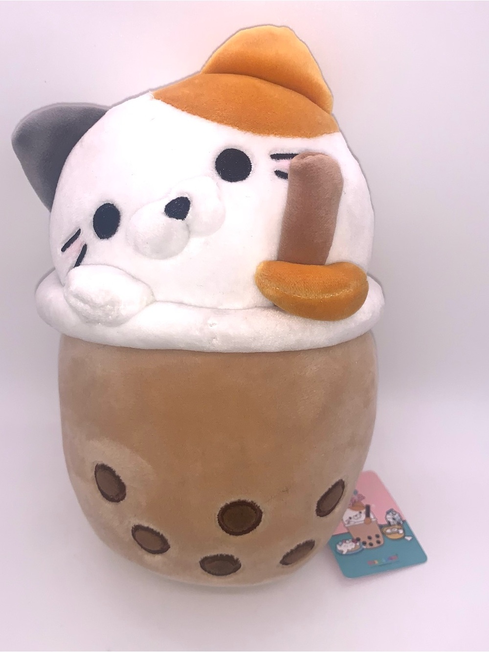 Takashoji Calico Cat Boba Milk Tea with Straw 9” Plush Kawaii Stuffed Animal NWT